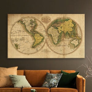 World map vintage style wall art print on canvas Dark academia room decor