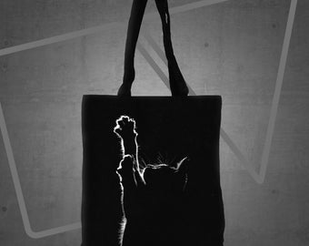 Cat silhouette printed tote bag, cat black canvas tote bag, climbing cat tote bag,cute cat print tote bag, gift for her