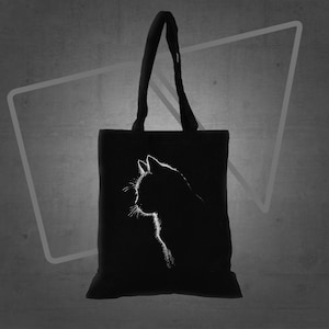 Cat silhouette printed tote bag, cat black canvas tote bag, cute cat print tote bag, gift for her