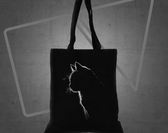 Cat silhouette printed tote bag, cat black canvas tote bag, cute cat print tote bag, gift for her
