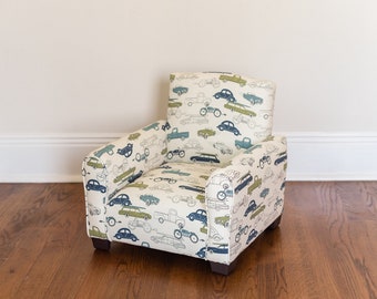 Personalized Child's Upholstered Rocking chair / Chair - Cars and Trucks Dark Blue/Green/Light Blue
