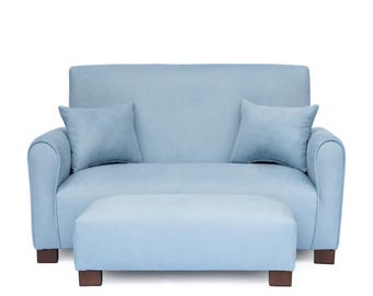Personalized Kid Upholstered Couch | Toddler Sofa with Ottoman and Pillows - Light Blue Suede