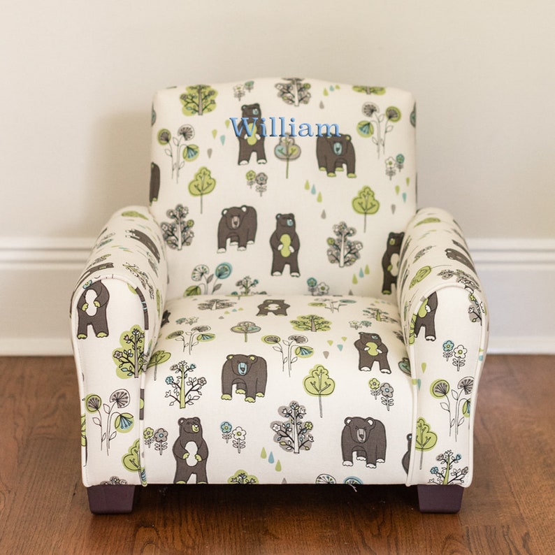 Personalized Kids Chair, Childs Upholstered Rocking Chair, Toddler Chair, Kids Armchair Bears and Trees Print Personalized Name