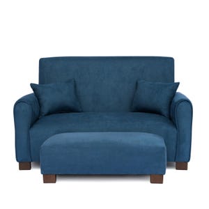 May include: A deep blue loveseat with a matching rectangular ottoman. The loveseat features a solid back, two square throw pillows, and curved armrests. Both pieces are upholstered in a soft-textured fabric and stand on dark brown wooden feet.