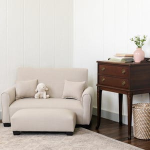 Personalized Kids Upholstered Sofa | Toddler Couch with Ottoman and Pillows - Ivory Linen and Taupe image 2