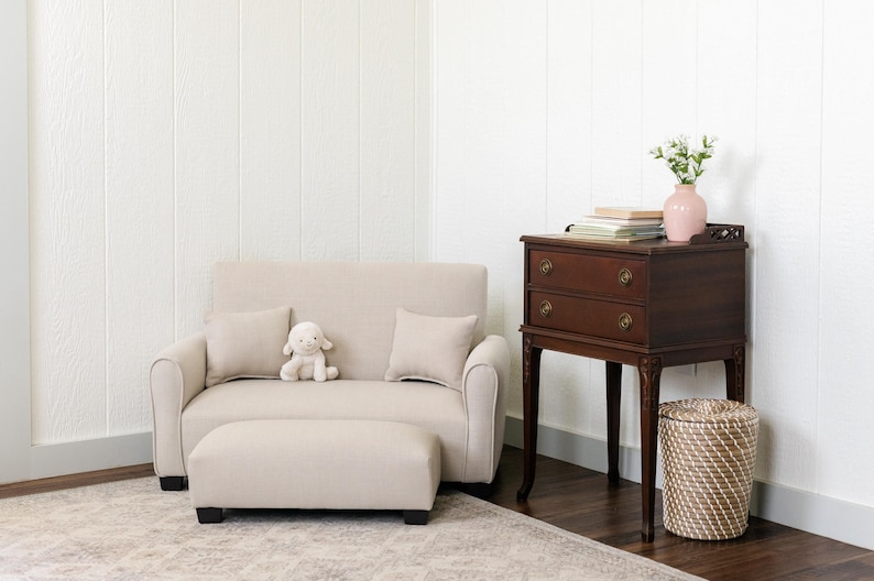 Personalized Kids Upholstered Sofa | Toddler Couch with Ottoman and Pillows - Ivory Linen and Taupe image 2