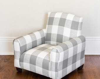Personalized Child&#39;s Upholstered Rocking chair / Chair - Gray/White Plaid