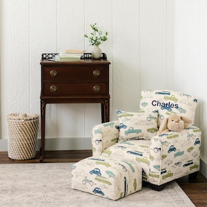 Personalized Child&#39;s Upholstered Rocking chair / Chair - Cars and Trucks Dark Blue/Green/Light Blue