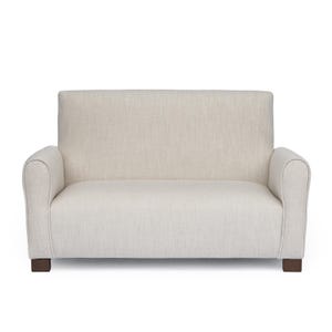 May include: A two-seater loveseat upholstered in a solid off-white, textured fabric. The piece features a high, straight backrest, rounded armrests, and a single seat cushion. It is supported by four short, dark brown, square-shaped wooden feet.