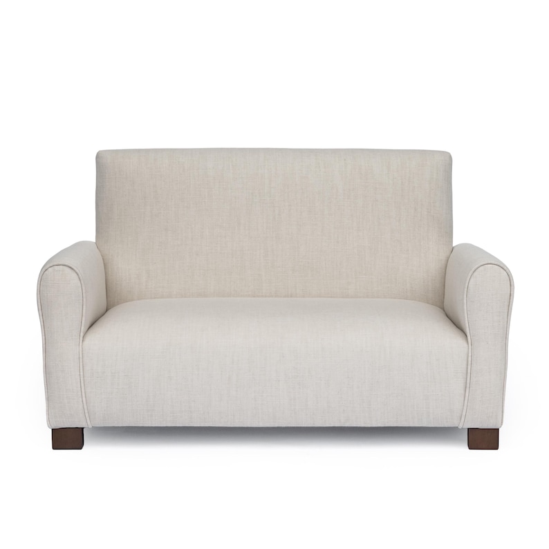 May include: A two-seater loveseat upholstered in a solid off-white, textured fabric. The piece features a high, straight backrest, rounded armrests, and a single seat cushion. It is supported by four short, dark brown, square-shaped wooden feet.