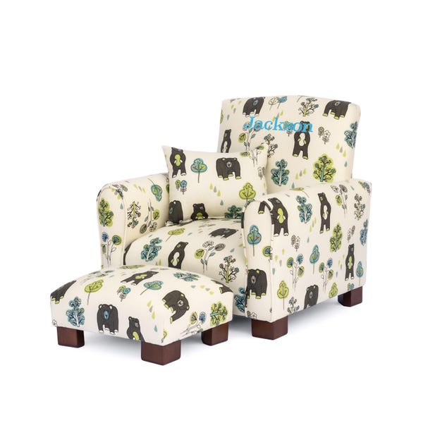 Personalized Toddler Rocking Chair, Kid Chair with Ottoman and Pillow -  Bears & Trees Print