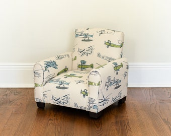 Personalized Child's Upholstered Rocking chair / Chair - Vintage Airplanes (Green/Blue)