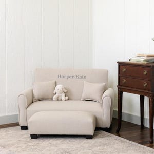 Kids Sofa | Personalized Child&#39;s Upholstered Sofa | Toddler Couch with Ottoman and Pillows