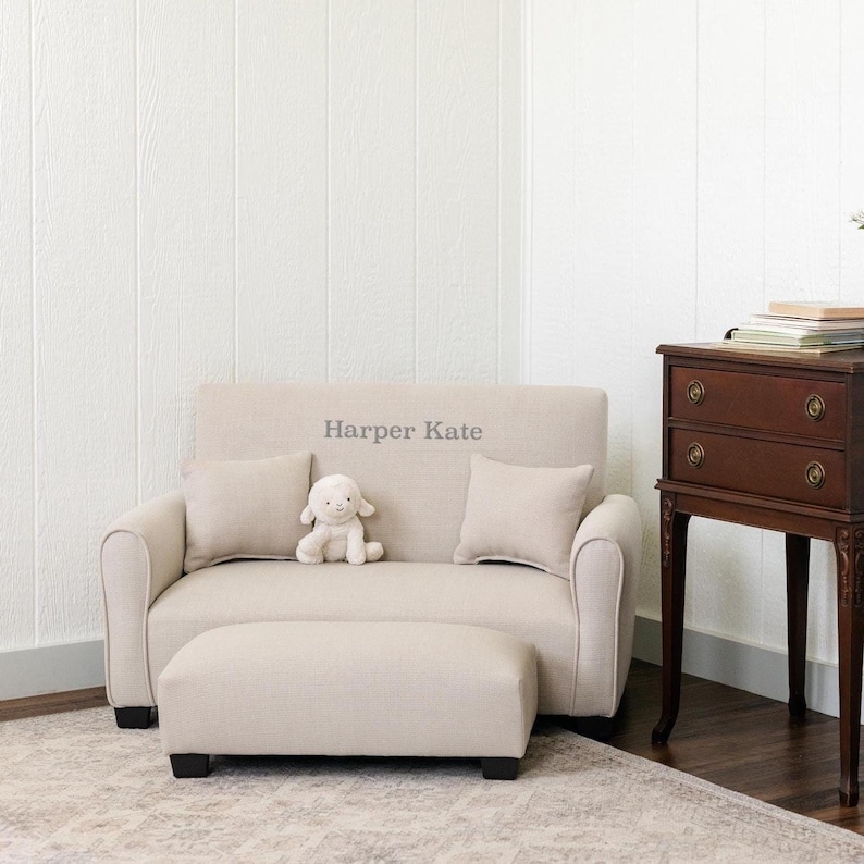 Personalized Kids Upholstered Sofa | Toddler Couch with Ottoman and Pillows - Ivory Linen and Taupe image 1