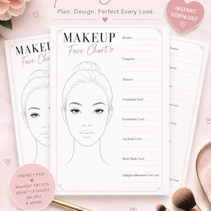 Puede incluir: Una tabla de maquillaje con el contorno de un rostro femenino, diseñada para planificar looks de maquillaje. La tabla incluye secciones para brochas, polvos compactos, cuidado de la piel y más. Tamaño US Letter 21,59 cm x 27,94 cm.