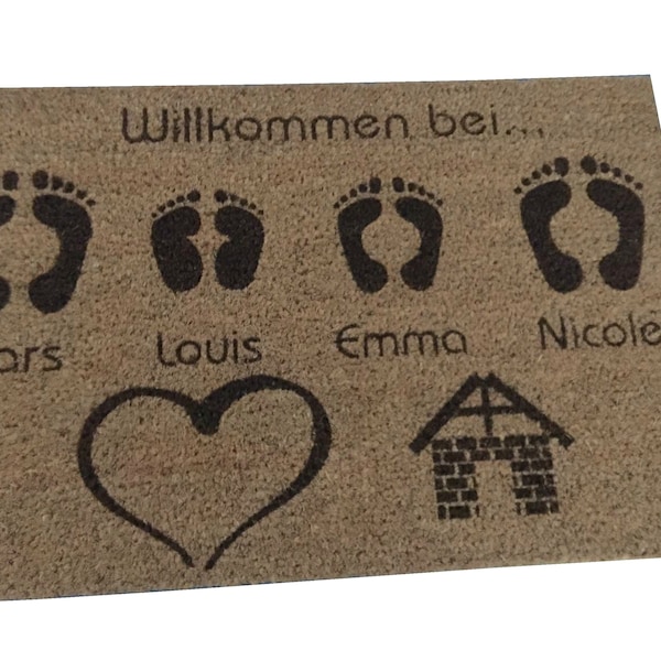 Personalisierte Fußmatte 60x40cm aus Kokosfasern mit Textgravur Herz und Haus mit Deinem Namen