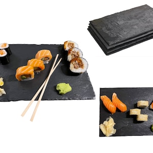 Decorative serving plates in a set of 6 Buffet plate slate oiled 300 x 200 x 8 mm black incl. 6 pairs of bamboo - sticks