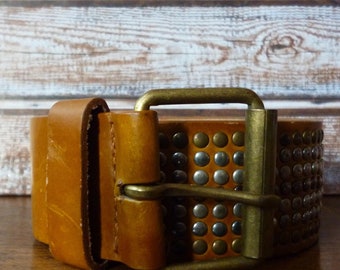 Vintage Brown Leather Studded Belt: Fits 27-31 in