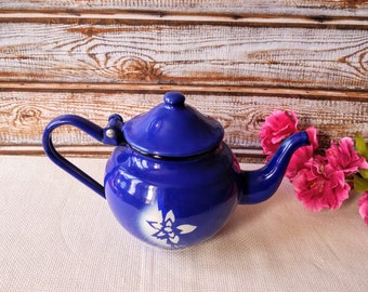 Vintage Blue Enamel Teapot: White Flower Decor, Stovetop Kettle