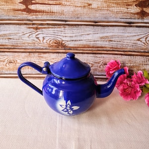 Vintage blue tea kettle with white flower, Tea Kettle, Antique Tea Kettle, Enamel teapot, Small teapot, Stovetop kettle, Vintage tea kettle.