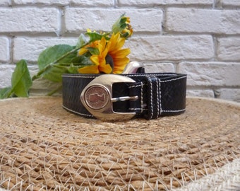 VINTAGE Doncaster Suede Leather Belt With Mother of Pearl Buckle Black Accessories by Pearl Belt Womens Black Leather Made in USA  main image 3