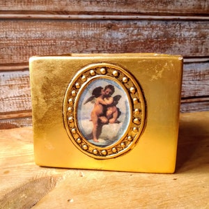 Vintage gold color square pot/planter, Gold cachepot decorated with a painting by a famous French artist, Gold cachepot. image 1