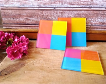 Vintage set of 3 glass square coasters, Colorful coasters, Coasters, Coasters set, Cute coaster, Hostess gift.