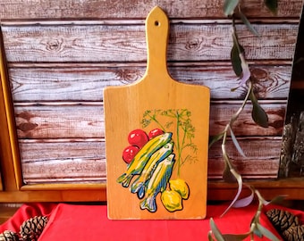 Vintage Mid-Century Wood Cutting Board: Fish & Lemon Illustration