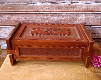 Vintage Carved Wood Box: Floral Lid, Blue Interior