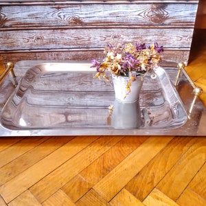 Vintage rectangular serving tray with handles, Stainless steel serving platter, Coffee table tray, Vanity tray.