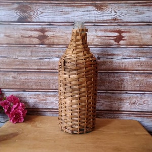 Vintage Wrapped bottle, Alcohol bottle, Wicker wine bottle, Hand knotted bottle, Wicker demijohn, Farmhouse garden decor, Rattan decor.