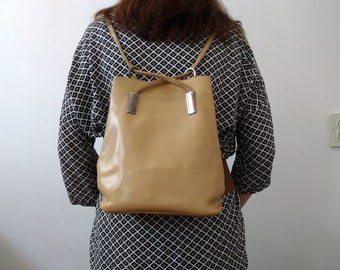 Vintage LANCASTER leather small backpack, Beige leather bag, Made in France, Backpack women.