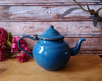 Vintage Blue Enamelware Tea Kettle: Small Stovetop Teapot