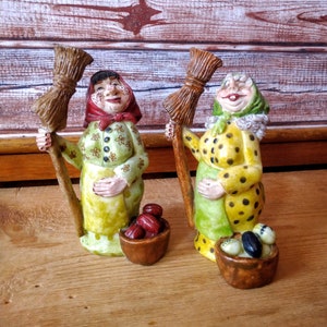 Vintage ceramic statues, Designer ceramic figurines of two old ladies, Ceramic art, Funny gifts.