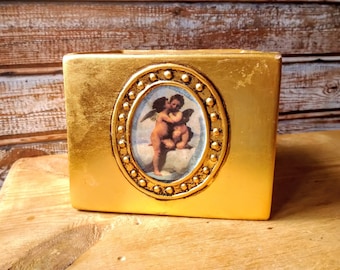 Vintage gold color square pot/planter, Gold cachepot decorated with a painting by a famous French artist, Gold cachepot.