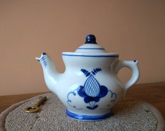 Vintage Blue and White Porcelain Teapot - 1980s Collectible