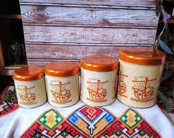 Vintage Tin Canister Set: Romanian Nesting Kitchen Storage