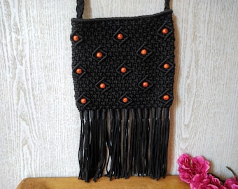 Vintage fringed macrame crossbody small bag with long strap, Boho crochet purse, Crossbody purse, Crochet shoulder bag.