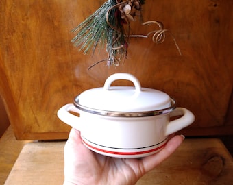 Pentola smaltata vintage: piccola pentola bianca con coperchio