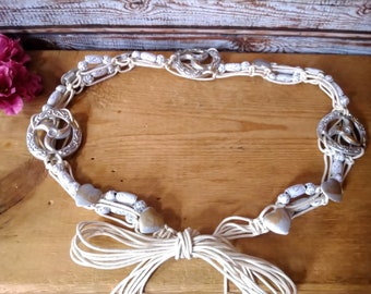 Vintage white macrame tie up belt with plastic beads, Boho belt, Macrame belt, Hippie belt.