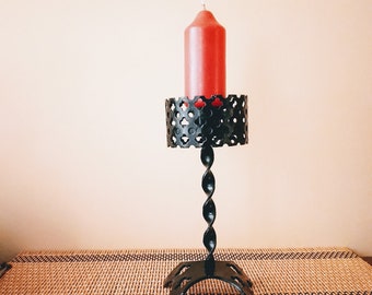 Vintage round black metal candle holder, Candle holder, Taper candle holder, Metal Candle Holder, Black Candle Holder.