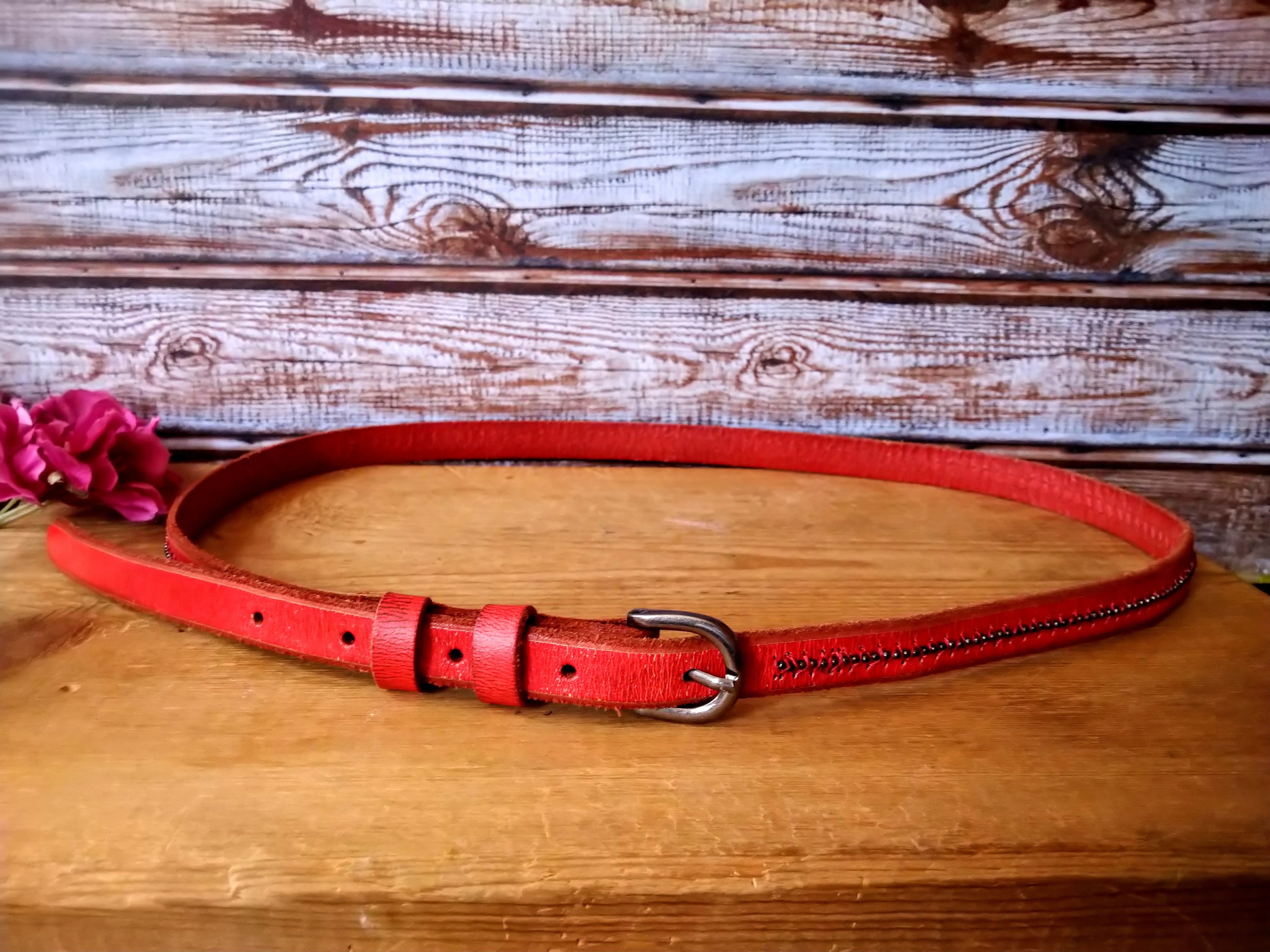 Vintage Red Leather Skinny Studded Belt Double Row Studded Leather Belt 1 3/4 main image 3