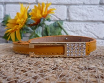 Vintage Ochre Patent Leather Belt: Rhinestone Buckle, Fits 29-34"