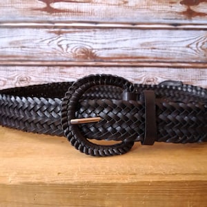 Vintage Braided Black Faux Leather Belt - Size L
