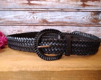 Vintage Braided Black Faux Leather Belt - Size L