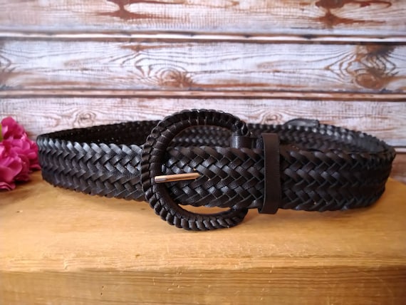 Vintage Braided Black Faux Leather Belt, Size L, Woven Belt