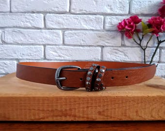 Vintage Brown Pieces Vegan Leather Belt, Silver Studded Multi-Loop, Fits 33-37 in (84-94 cm)