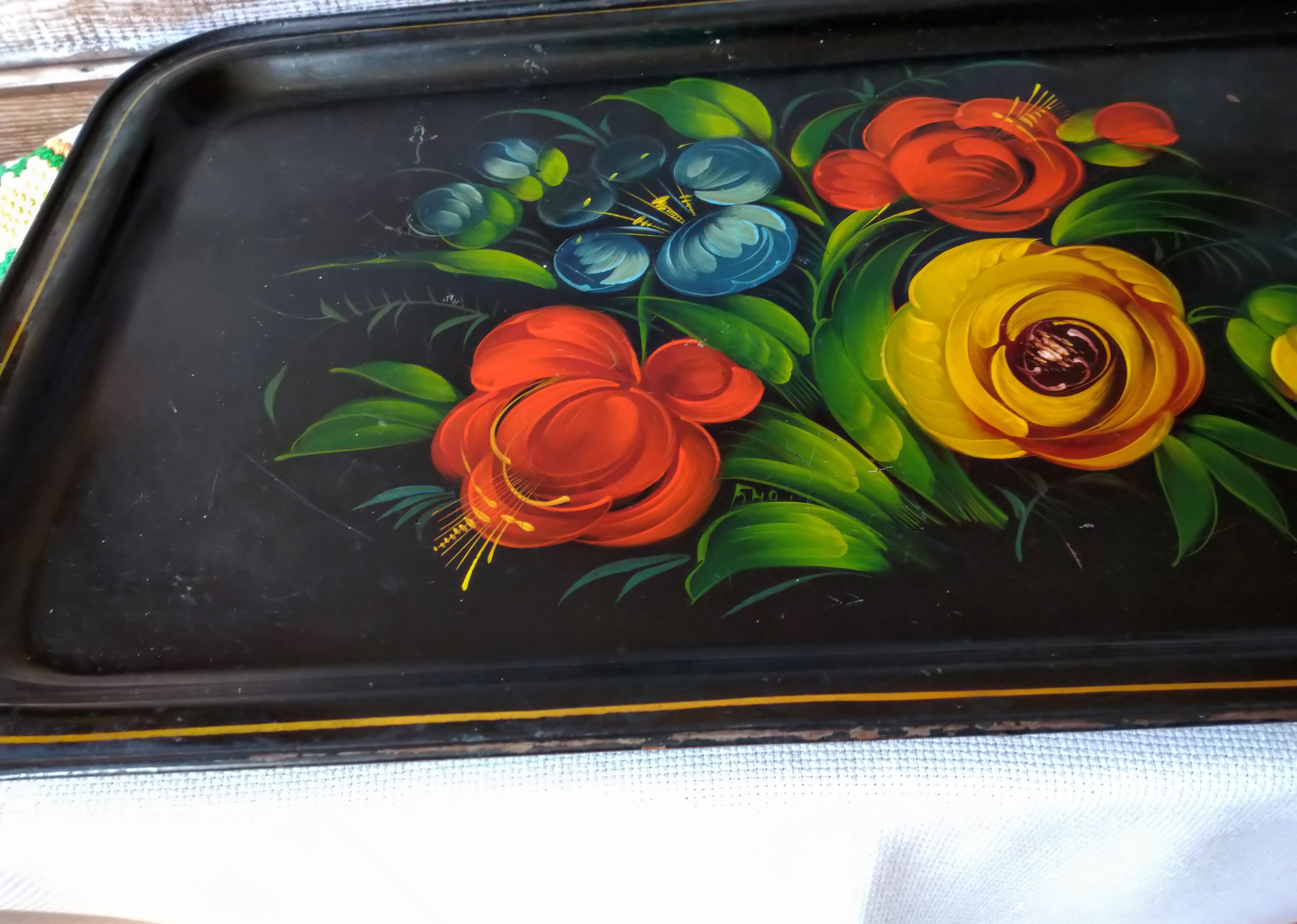 Vintage Enamel Black Tray With Hand Painted Flowers Serving Etsy