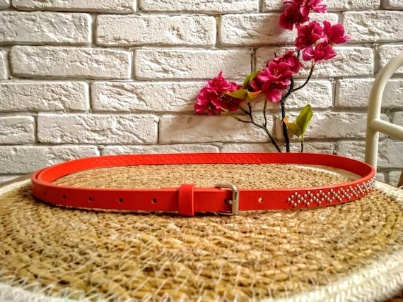 Vintage ATMOSPHERE Red Studded Belt: Thin PU Leather, Fits  display picture 1