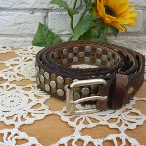 Vintage 90s Brown Leather Studded Belt: Grunge Rocker Style (Fits 32-35&quot;)